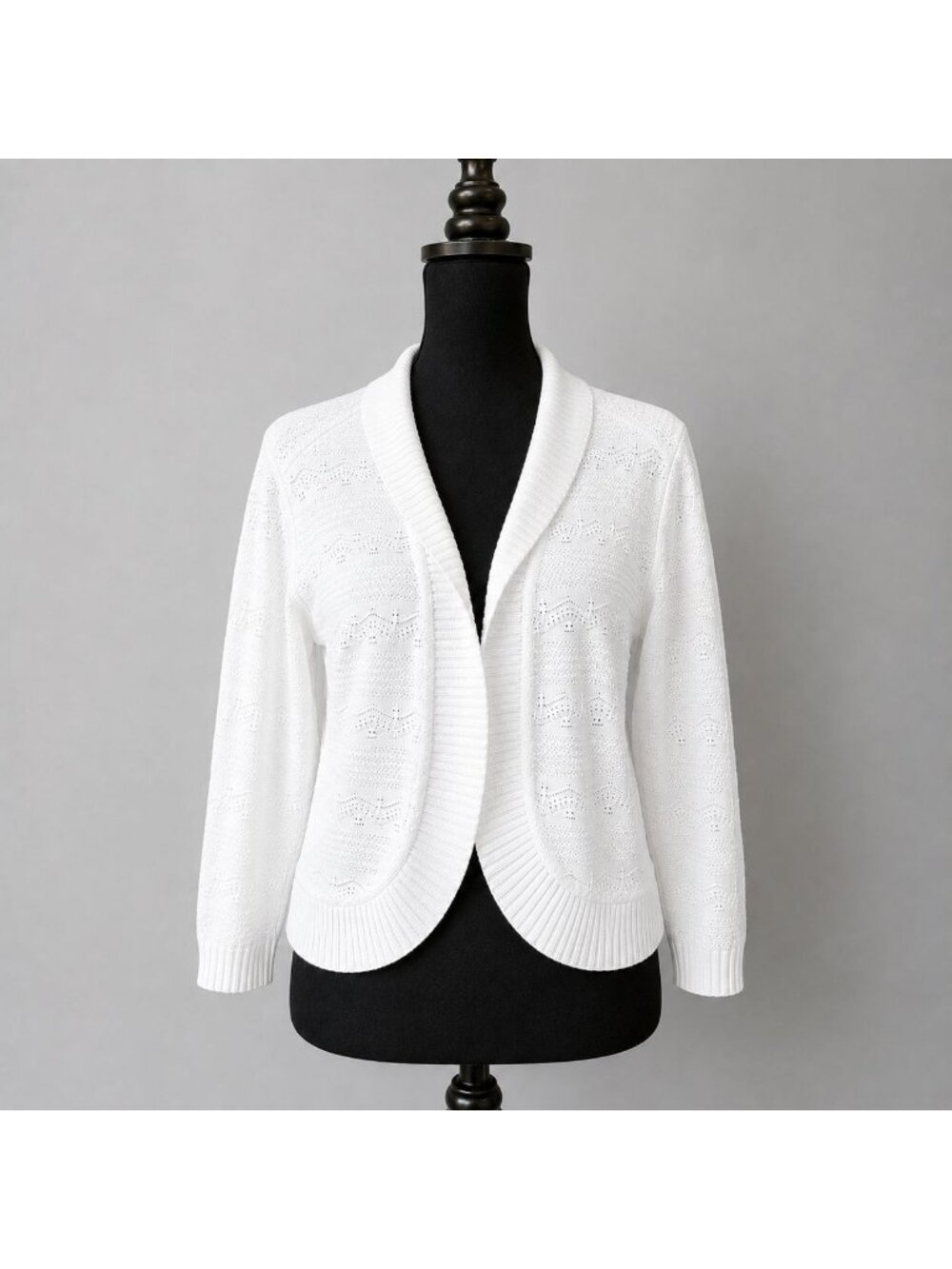 Elementz White Open Front Shrug Cardigan XL Cropped Knit 3/4 Sleeve Made USA